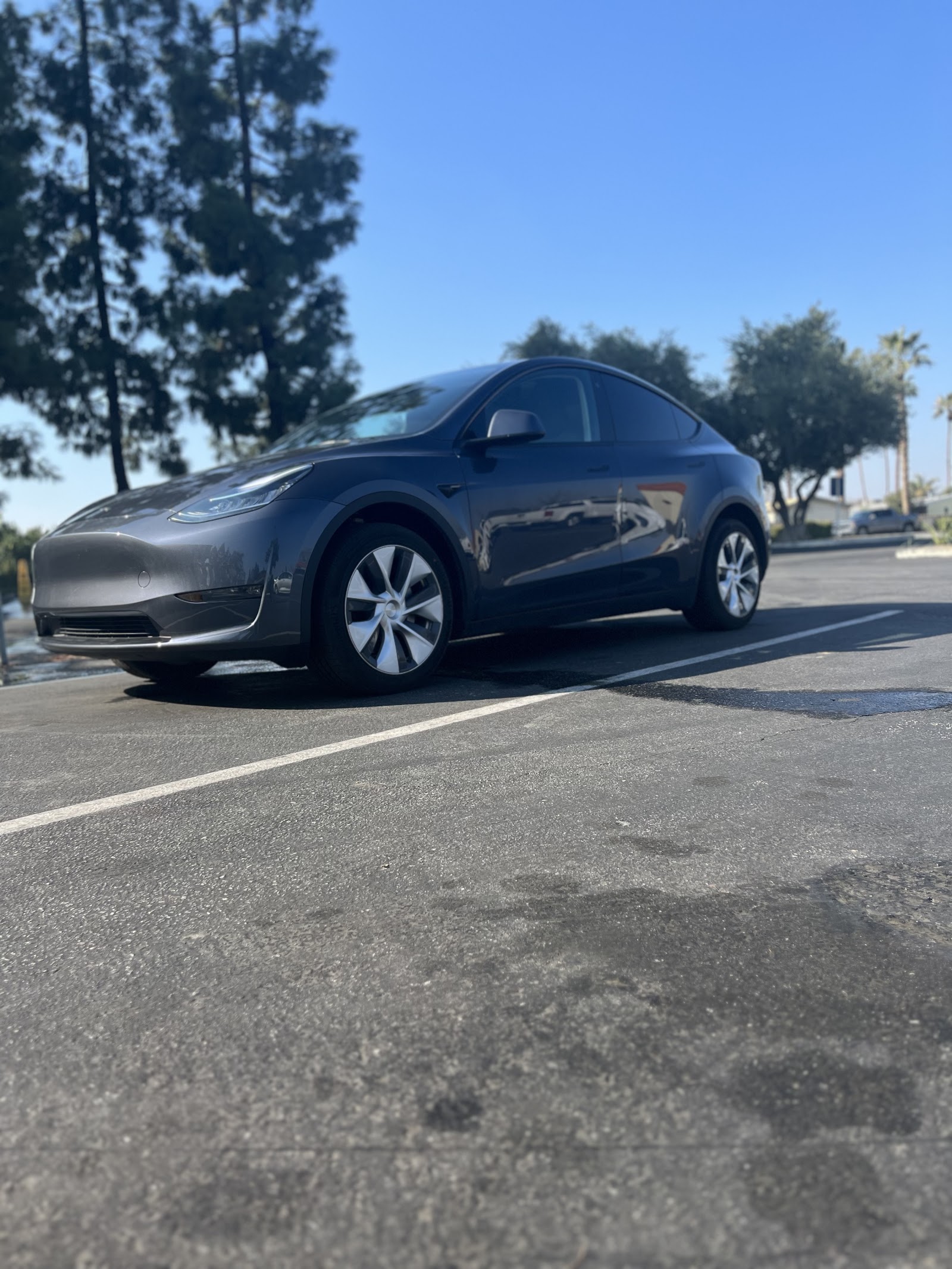 Grey Tesla Model Y parked outdoors after detailing